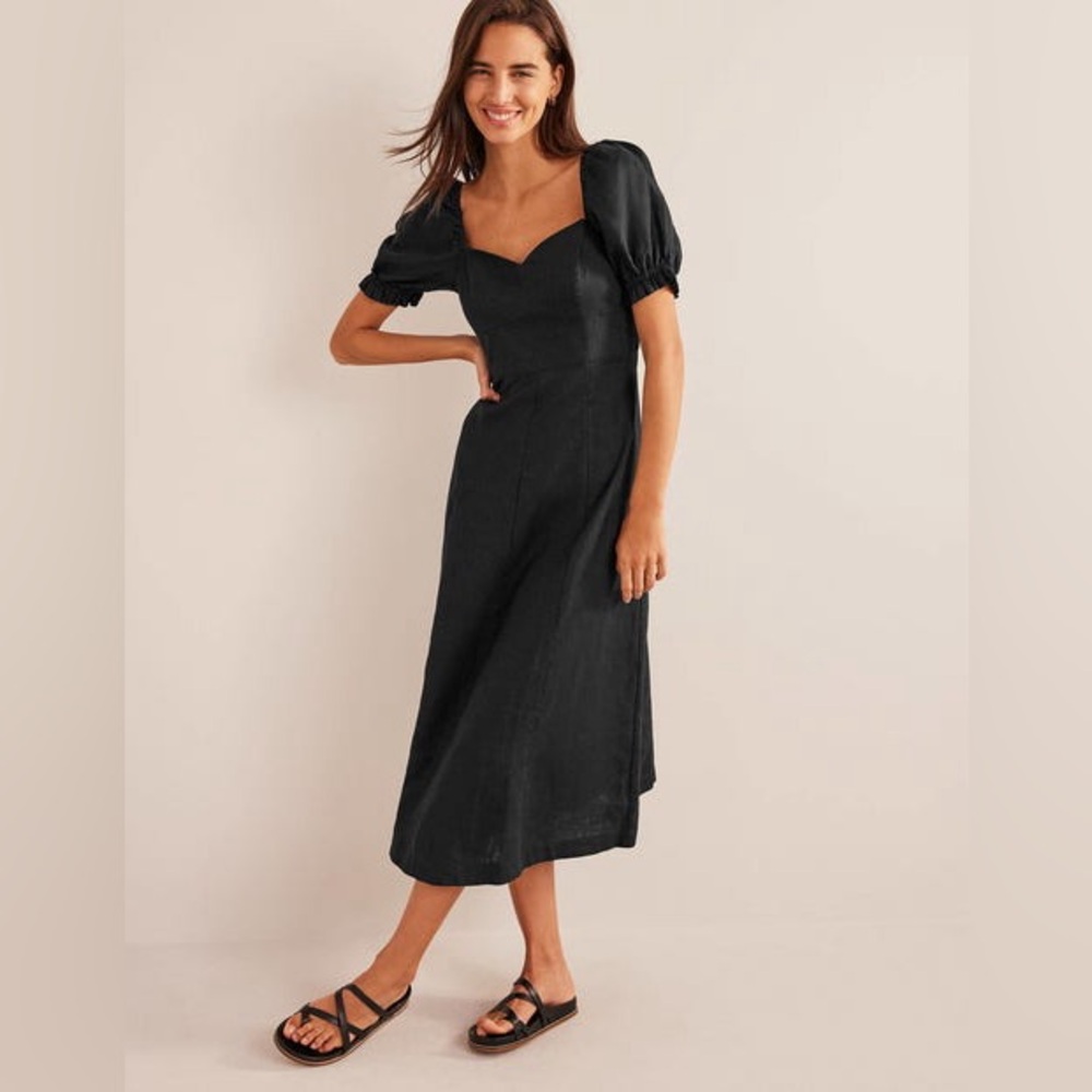 Boden Black Puff-Sleeve Midi Dress